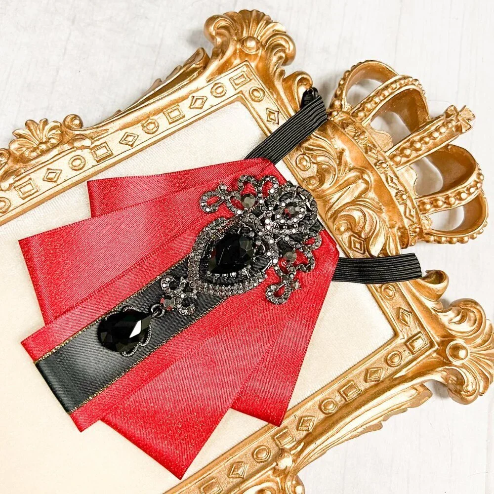 Red crystal bowtie, Kid's Necktie, Black Crystal Brooch, Kids Size, 2 in 1